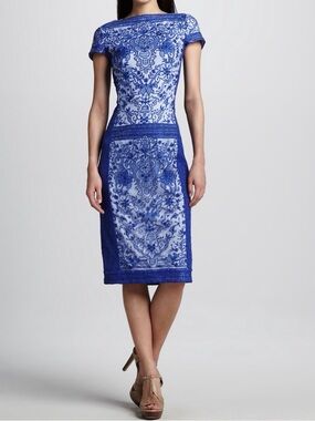 NWOT Tadashi Shoji Blue White Floral Lace Cocktail Sheath Midi Dress, Size 10